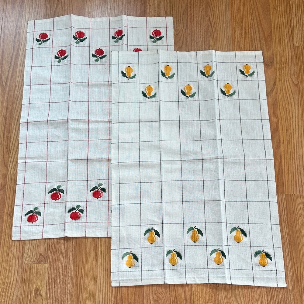 2 Linen Dish Tea Towels Apple Pear Cross Stitch Kitchen Country Farmhouse
